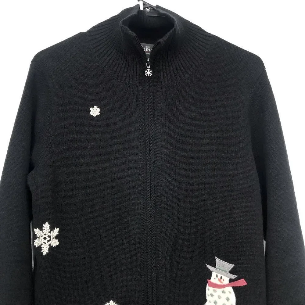 Woolrich Black Knit Snowman Snowflake Zip Up Cardigan Holiday Ski Lodge Sweater